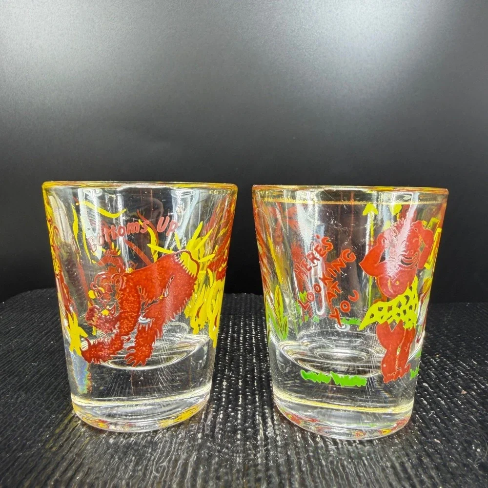 1950s Tiki Shot Glass Set 2 Bottoms Up Heres Looking At You Gold Rim Tropical - Picture 12 of 12